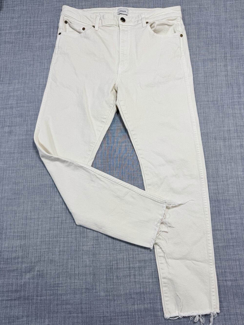 KHAITE The Alissa High Rise Straight Jeans 30 Off White Cream Raw Hem Made in US
